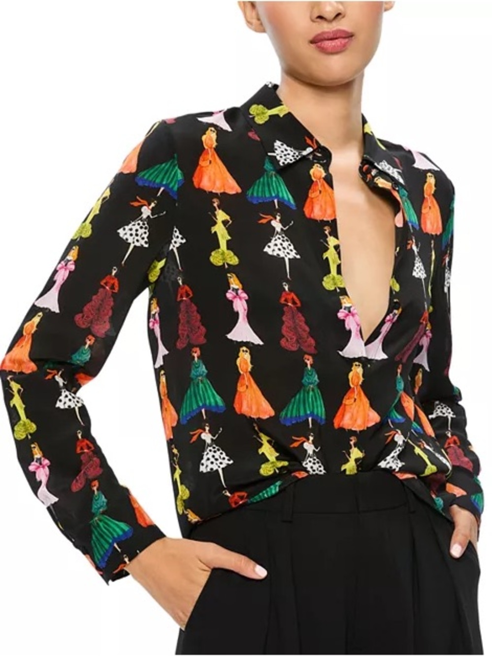 Alice + Olivia Black Button-Down Blouse with Multicolor Fashion-Figure Print